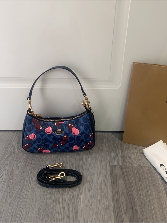 Coach Handbags - Coach Navy Signature Mini Shoulder Bag with Pink Accents
